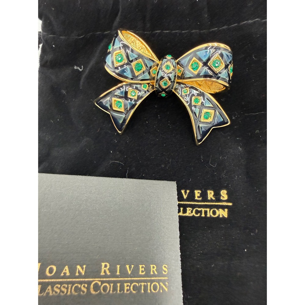 Joan Rivers Classics Collection Black Enamel Green Rhinestone Bow Brooch Pin